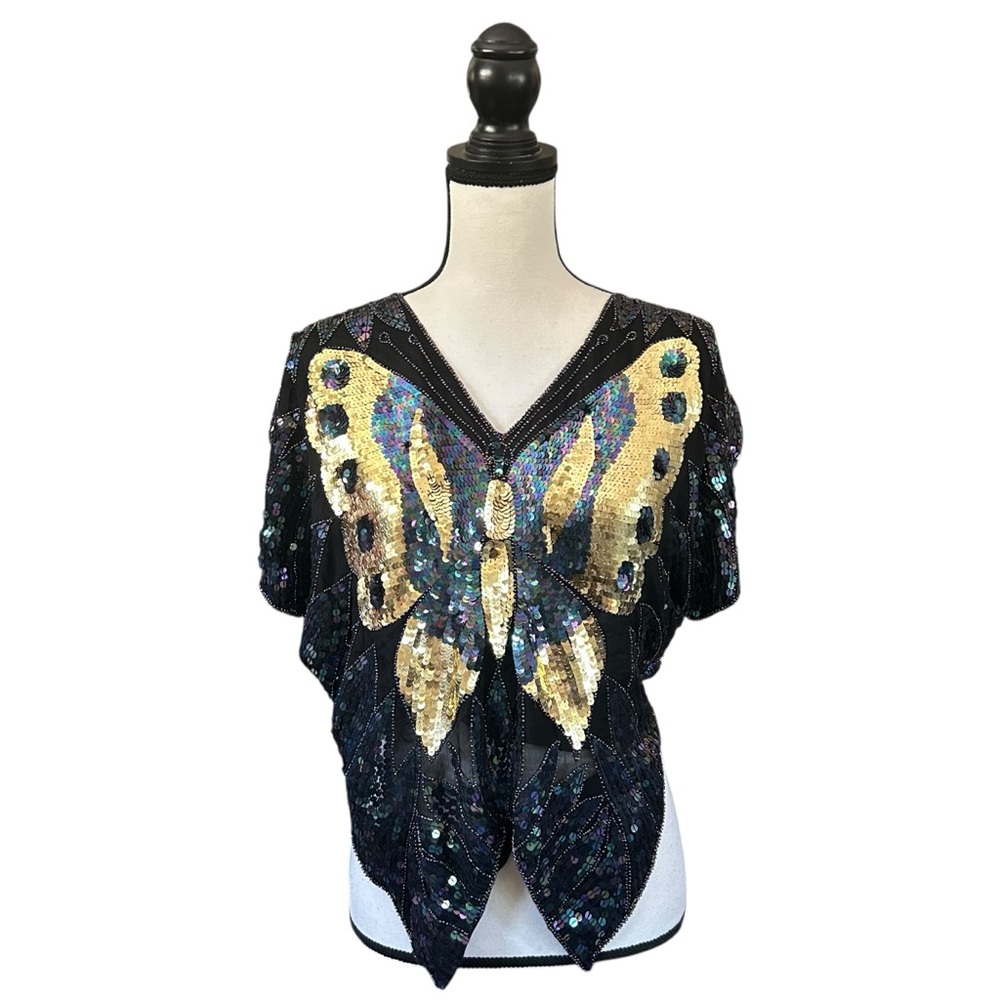 Vintage 70s Dark Rainbow & Gold Sequin Butterfly Top 100% Silk Festival Boho OS - Picture 17 of 17